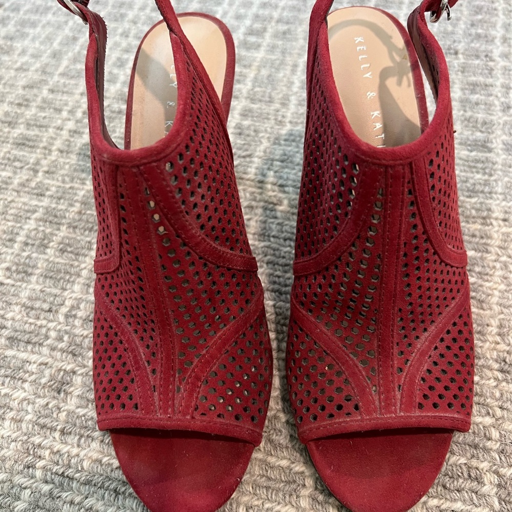 Red size 9.5 open toe suede heels